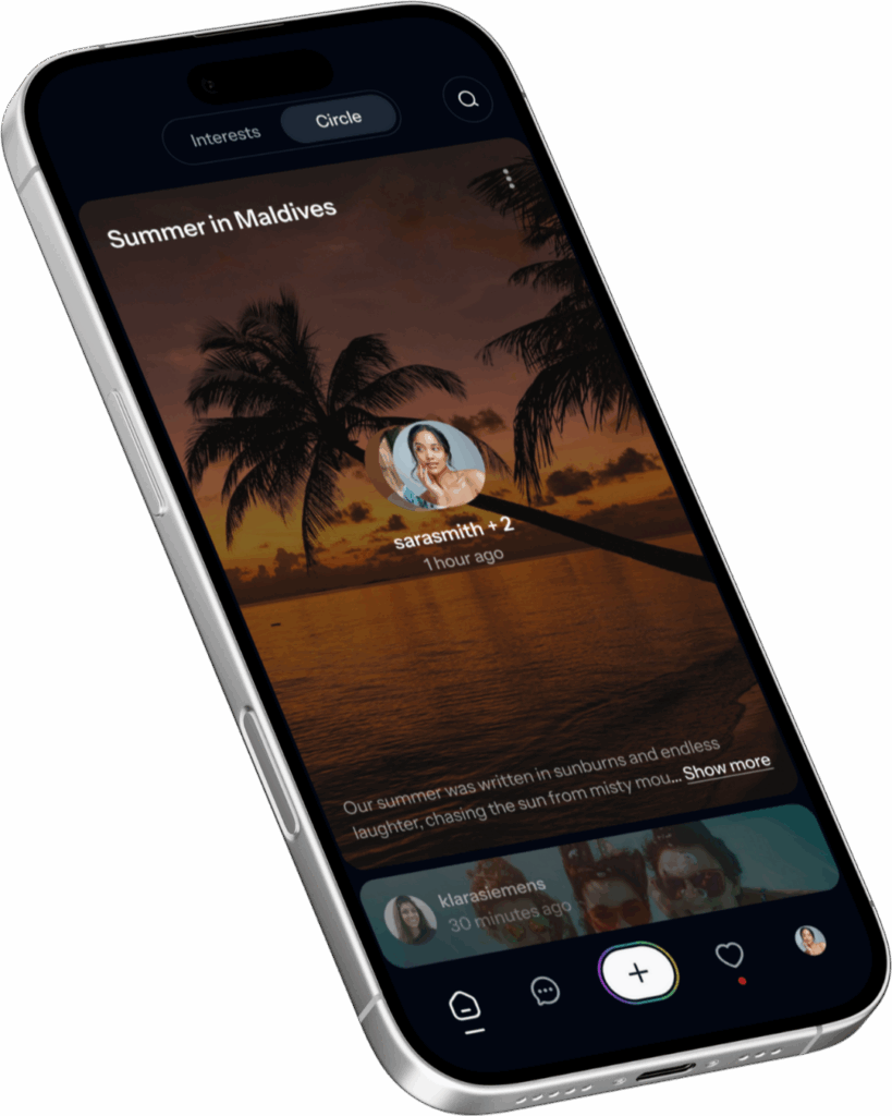 A smartphone displaying the Recap app feed with tabs for Interests and Circle, showing a "Summer in Maldives" memory.