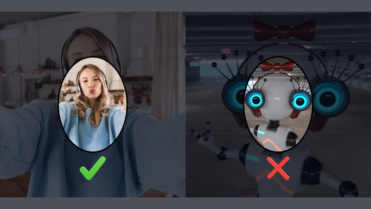 A split-screen showing a human face with a green checkmark and a robot face with a red X.