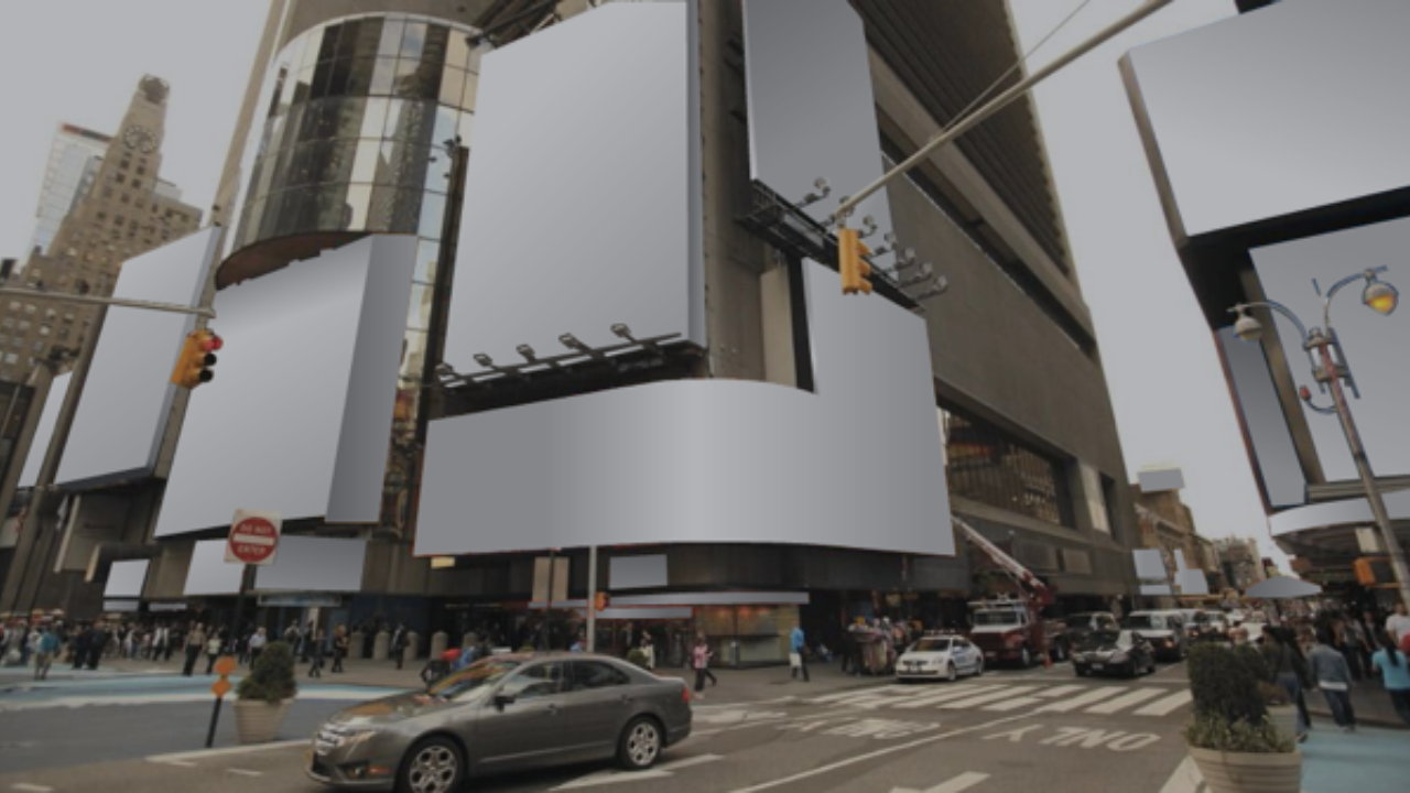 A photo of a city square with blank ads.