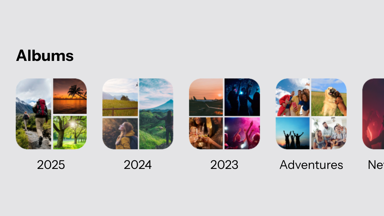 The "Albums" screen of the Recap app showing curated collections labeled by year, such as 2025, 2024, 2023, and a themed album called "Adventures."